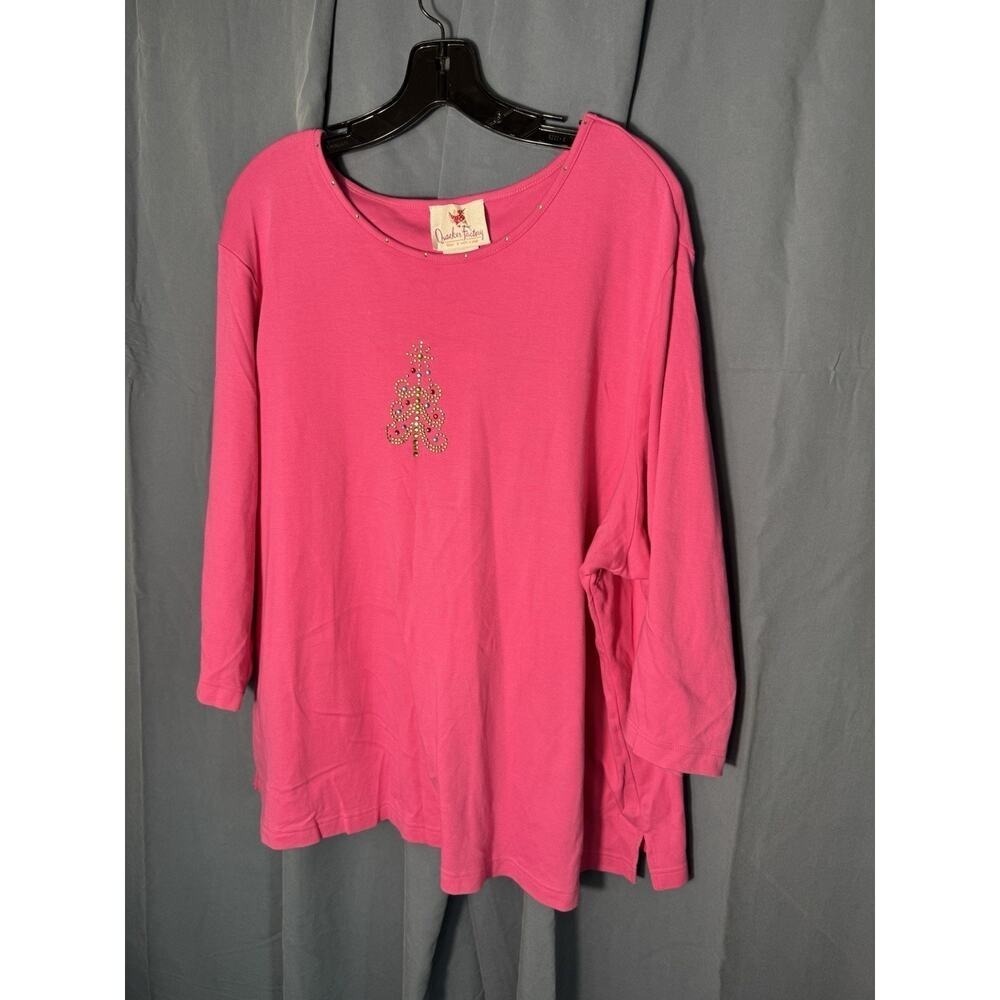 Quacker Factory Pink ugly Christmas Tree Top Women's XL Rhinestone Holiday Shirt